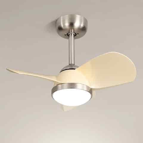 Modern sand nickel ceiling fan with light and ivory acrylic blades, close up view