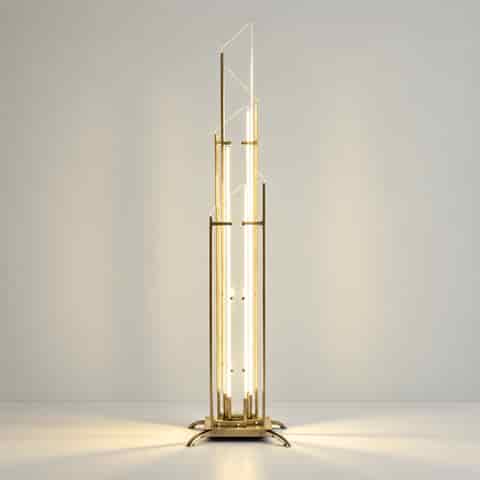 Tall modern geometric glass LED floor lamp with a layered vertical structure on a minimalist background