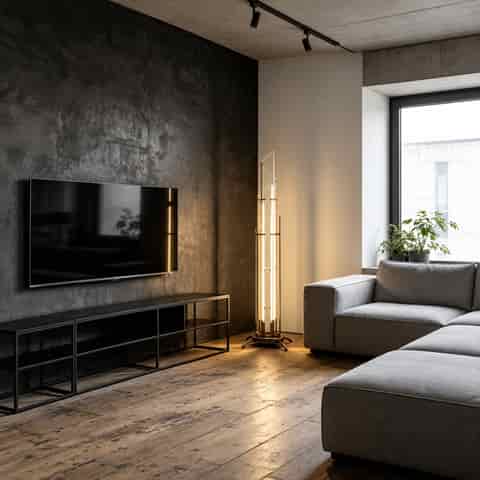 Modern geometric glass LED floor lamp with layered clear glass panels and a gold tone metal frame in a contemporary living room