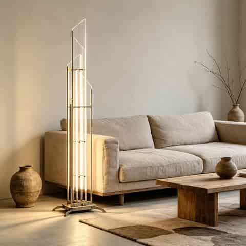 Tall sculptural glass LED floor lamp with geometric panels and warm lighting beside a modern sofa