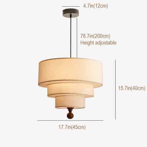 17.7 inch cream three tier fabric drum pendant light with wood tone decorative finial