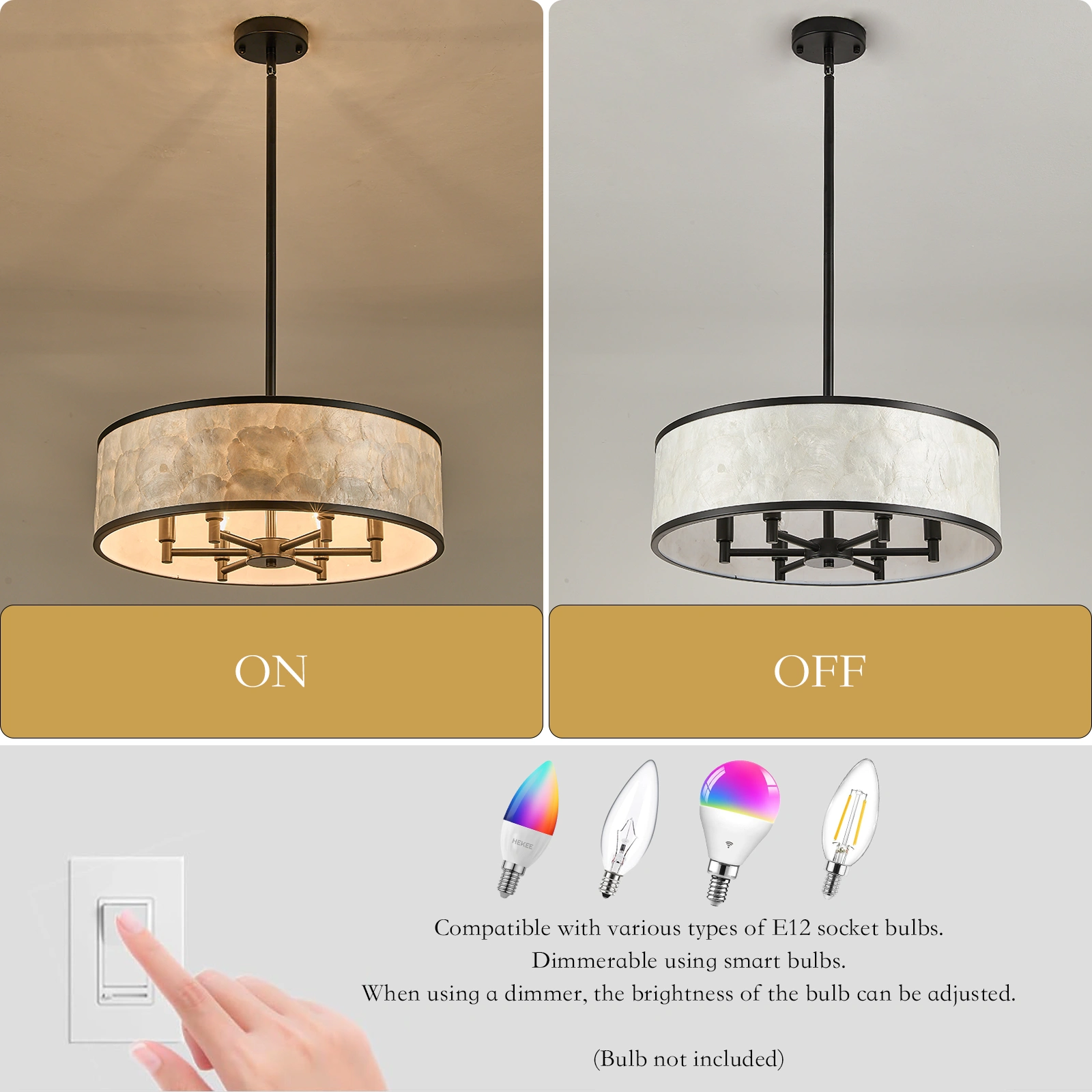 19.7" Black Capiz Shell Drum Chandelier, 6-Light Pendant for Dining Room