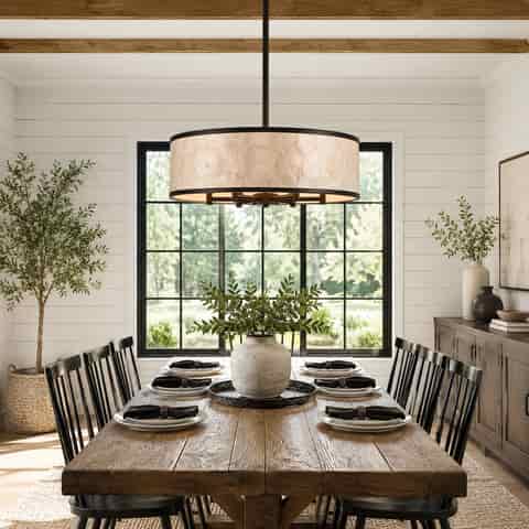 19.7" Black Capiz Shell Drum Chandelier, 6-Light Pendant for Dining Room