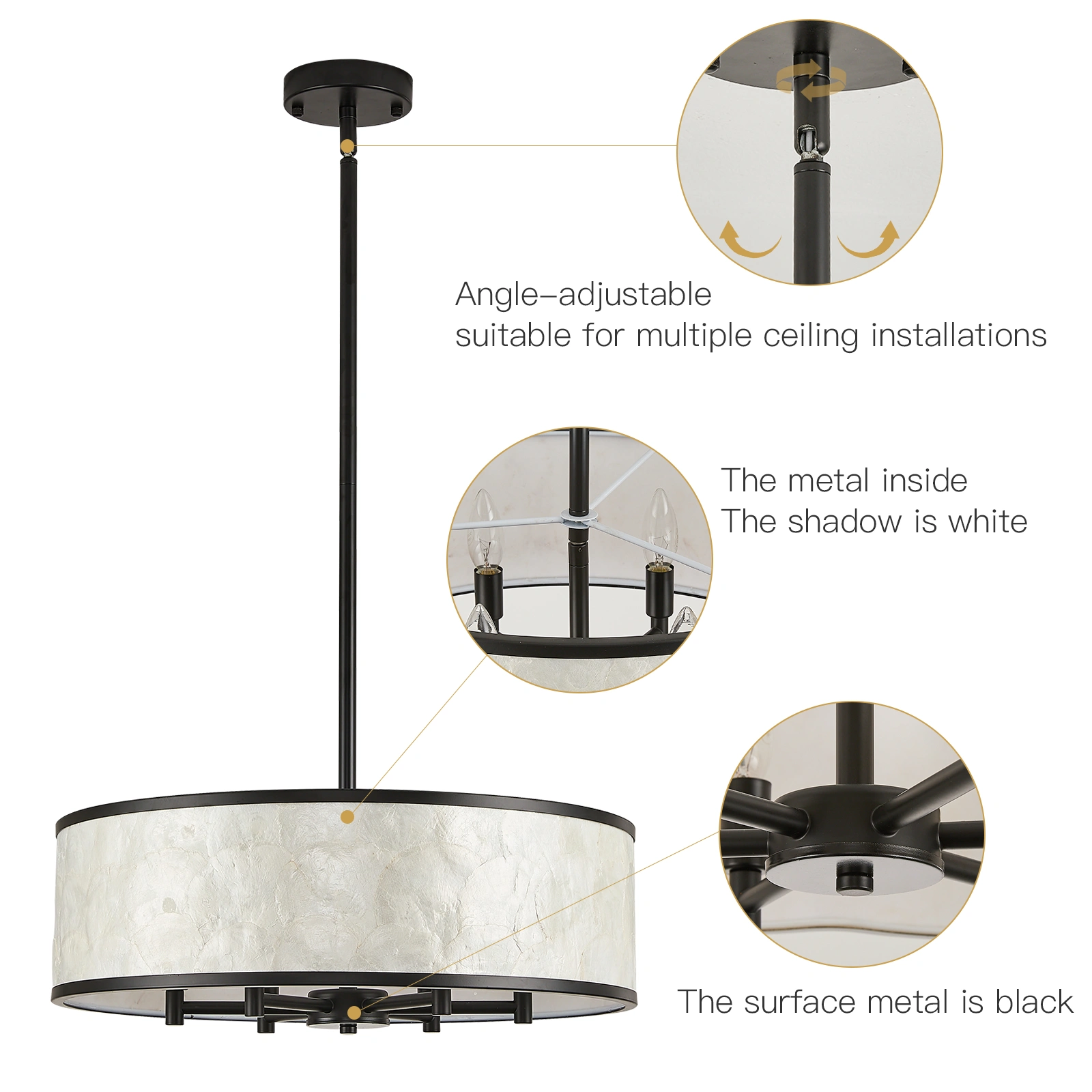 19.7" Black Capiz Shell Drum Chandelier, 6-Light Pendant for Dining Room