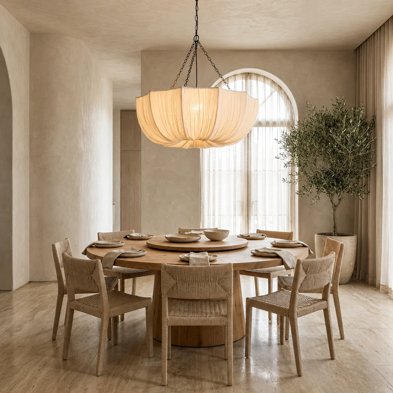 Large Cream Pleated Fabric Chandelier with Sculptural Draped Shade