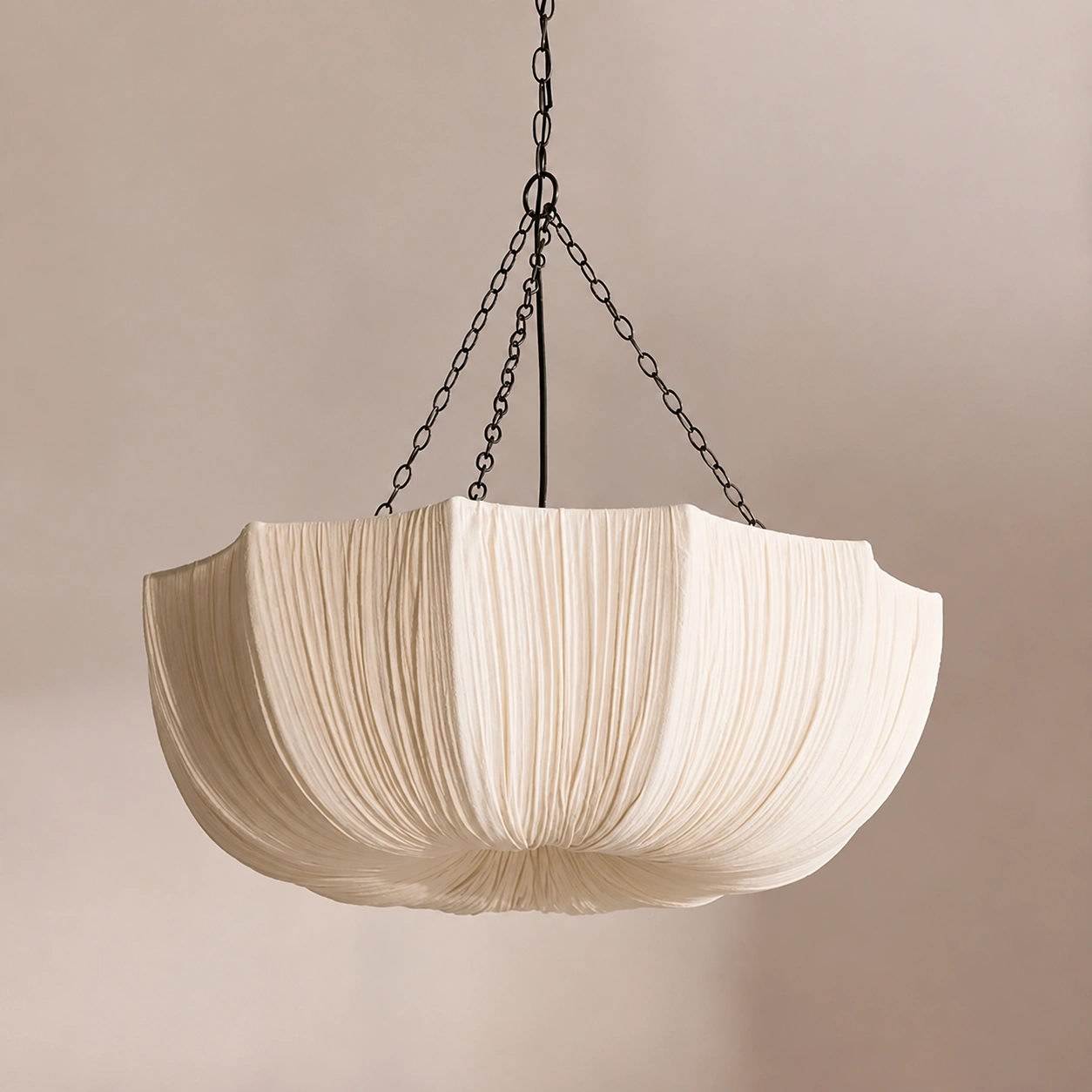 Large Cream Pleated Fabric Chandelier with Sculptural Draped Shade