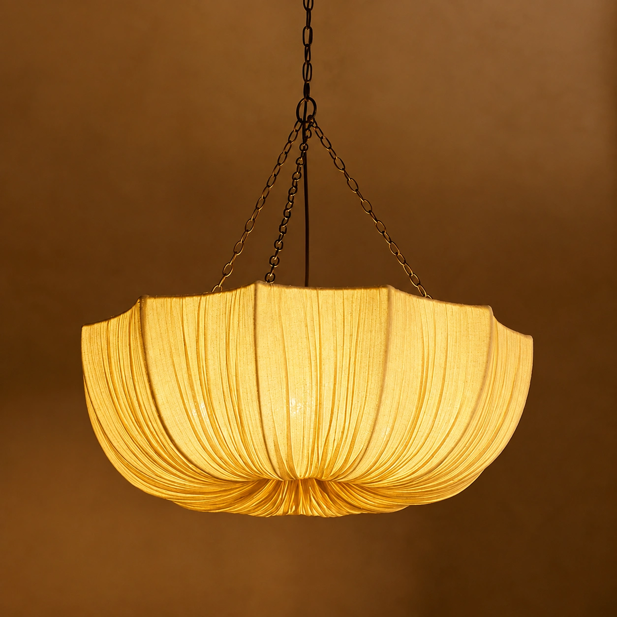 Large Cream Pleated Fabric Chandelier with Sculptural Draped Shade