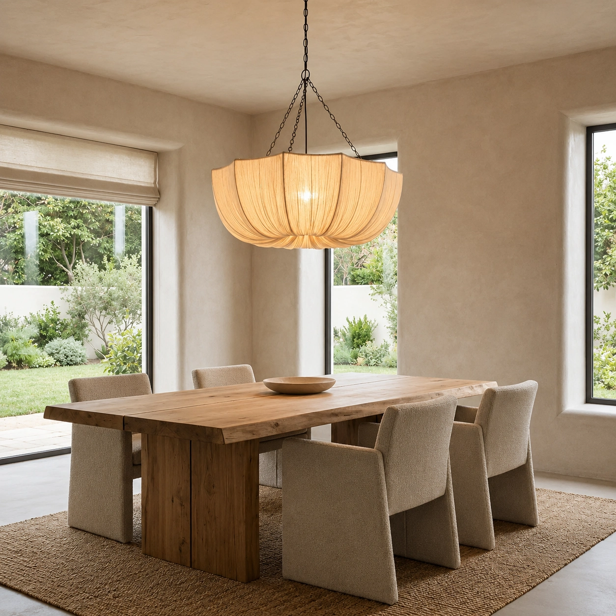 Large Cream Pleated Fabric Chandelier with Sculptural Draped Shade