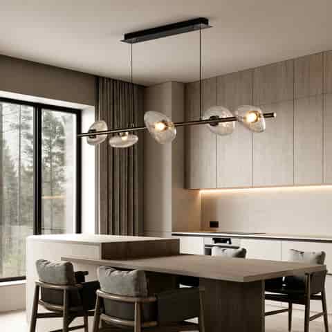 Modern six light linear chandelier with clear textured glass shades and a dark metal frame