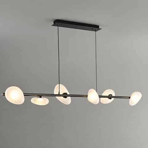 Modern six light linear chandelier with frosted organic glass shades and dark metal frame