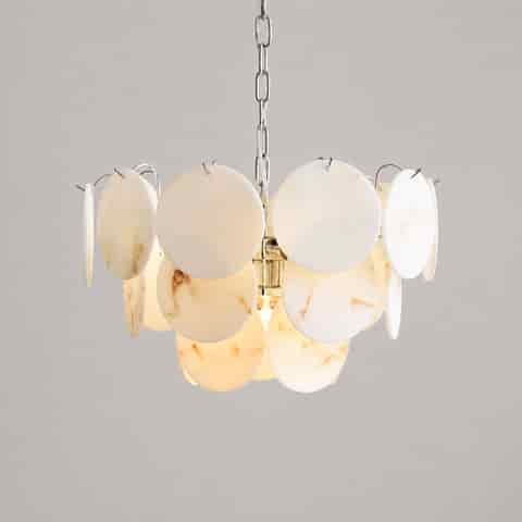 Compact faux alabaster disc chandelier with polished chain, layered white marble look panels and warm interior light