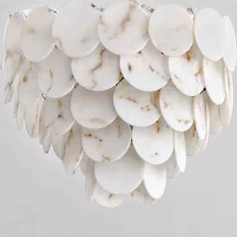 Tiered faux alabaster disc chandelier with polished metal frame and cascading white marble look panels
