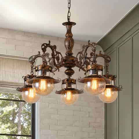 Vintage Bronze Multi-Light Chandelier with Seeded Glass for Hospitality and Residential Projects thumbnail 5