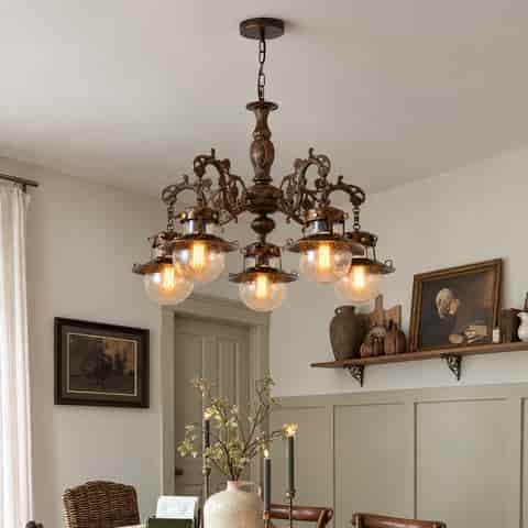 Vintage Bronze Multi-Light Chandelier with Seeded Glass for Hospitality and Residential Projects thumbnail 4