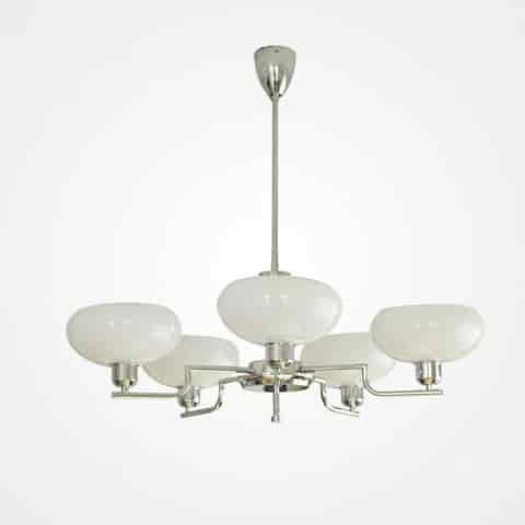 Mid-Century Opal Glass Chandelier in Brass or Chrome | 3 & 5 Light thumbnail 12