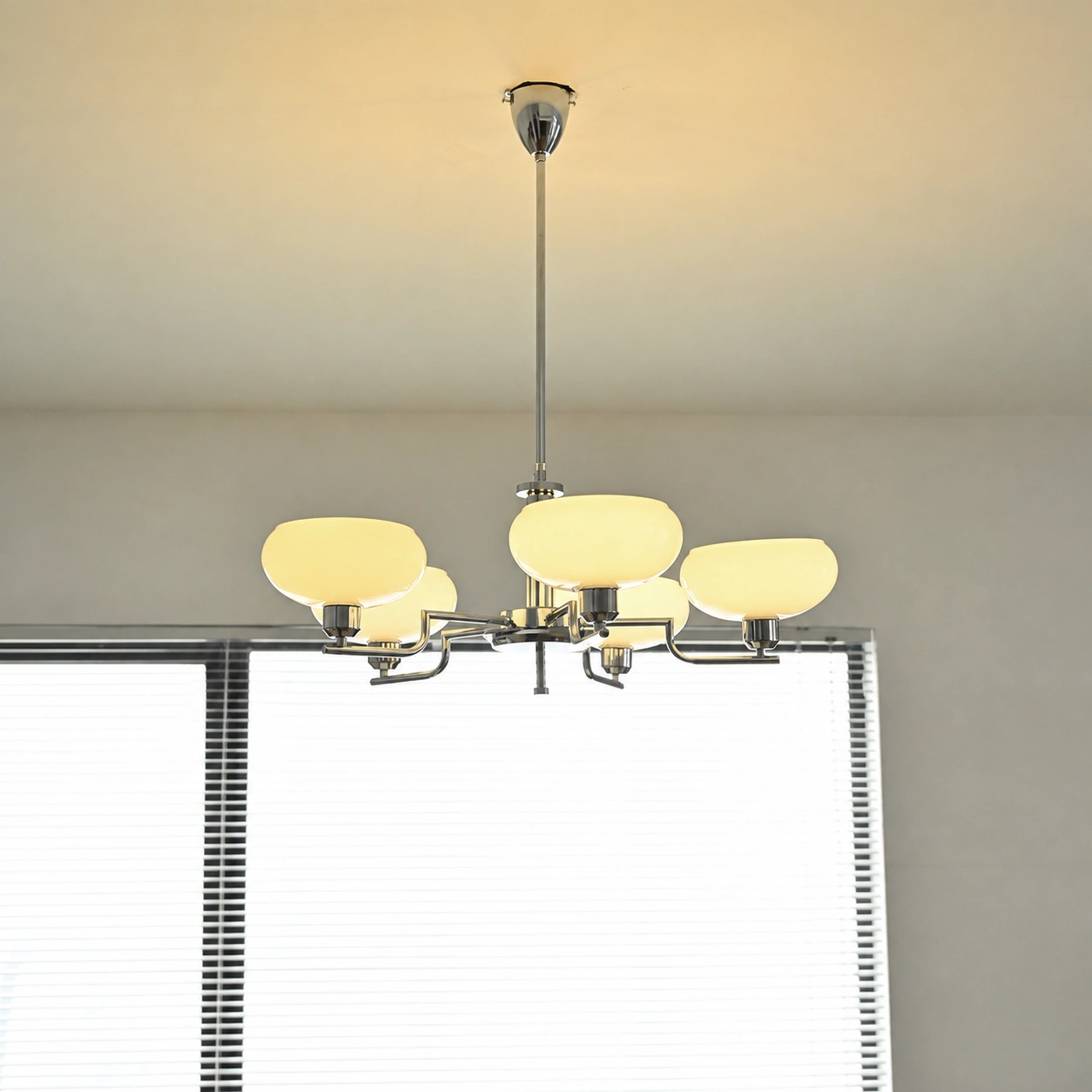 Mid-Century Opal Glass Chandelier in Brass or Chrome | 3 & 5 Light