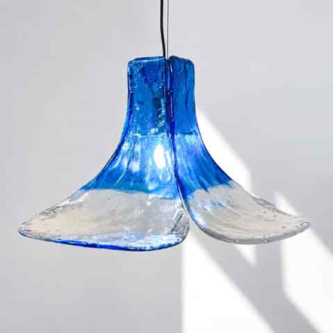 Blue and Clear Textured Glass Flower Pendant Light with Sculptural Petal Shade