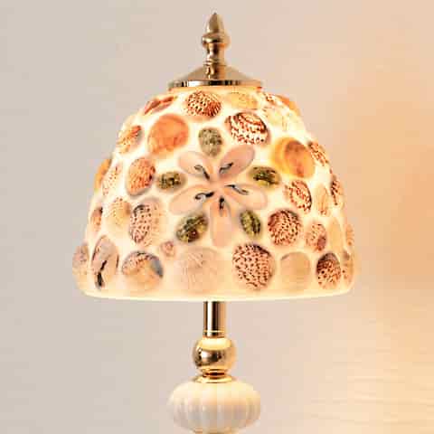 Close up of the natural seashell dome shade with layered shell textures and warm light transmission