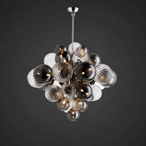 Modern smoked and clear glass globe cluster chandelier with ribbed bubble shades and polished chrome downrod