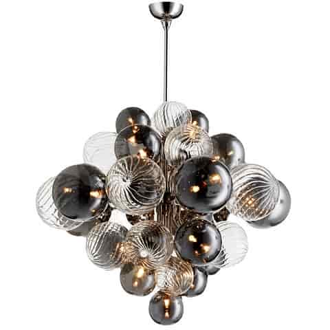 Modern mixed glass bubble chandelier with smoked gray, clear ribbed and translucent white globe shades