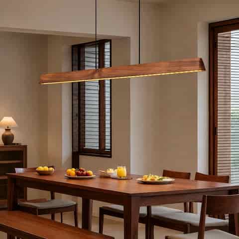 Modern walnut finish linear pendant light above a large rectangular dining table in a warm contemporary interior