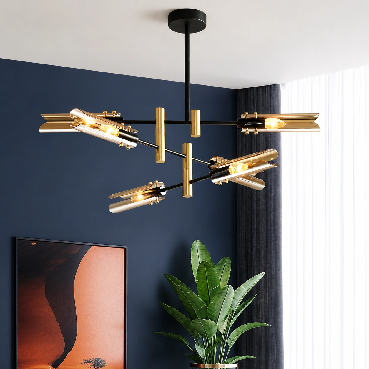 Modern Glass Branch Chandelier in Smoke Gray or Amber | Black & Brass Finish
