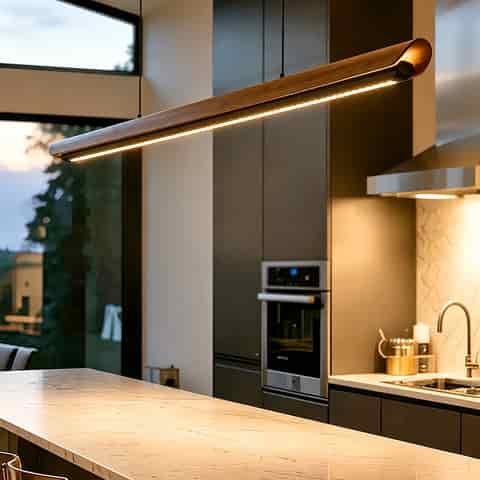 Curved wood grain linear LED pendant light above a modern kitchen island