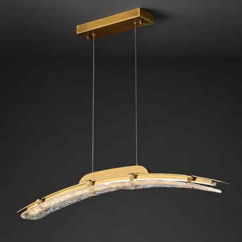 Modern copper and textured glass linear chandelier with gently arched profile, slim suspension cables and warm illumination