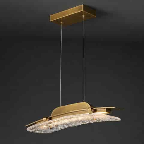 Copper and textured glass curved linear pendant chandelier with rectangular canopy and dual cable suspension