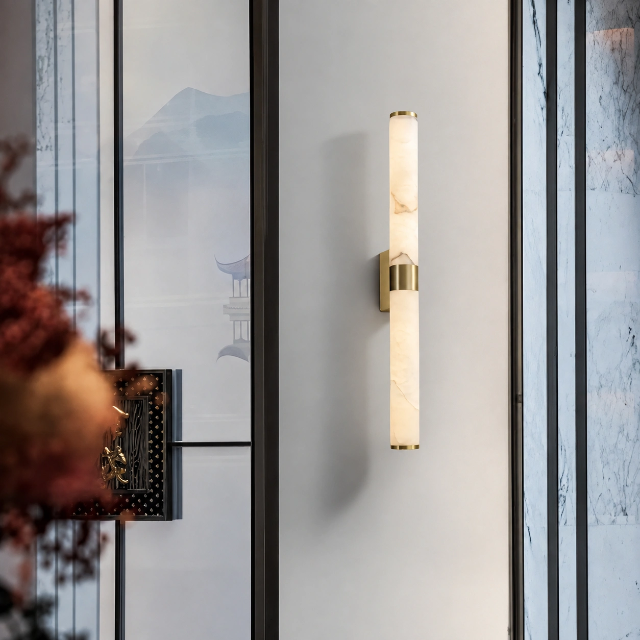 Modern Vertical Alabaster Wall Sconce with Warm Brass Accents