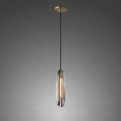 Modern copper and clear crystal pendant light with long black suspension cord