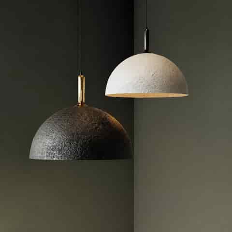 Black and white Wabi Sabi dome pendant lights with stone like textured shades