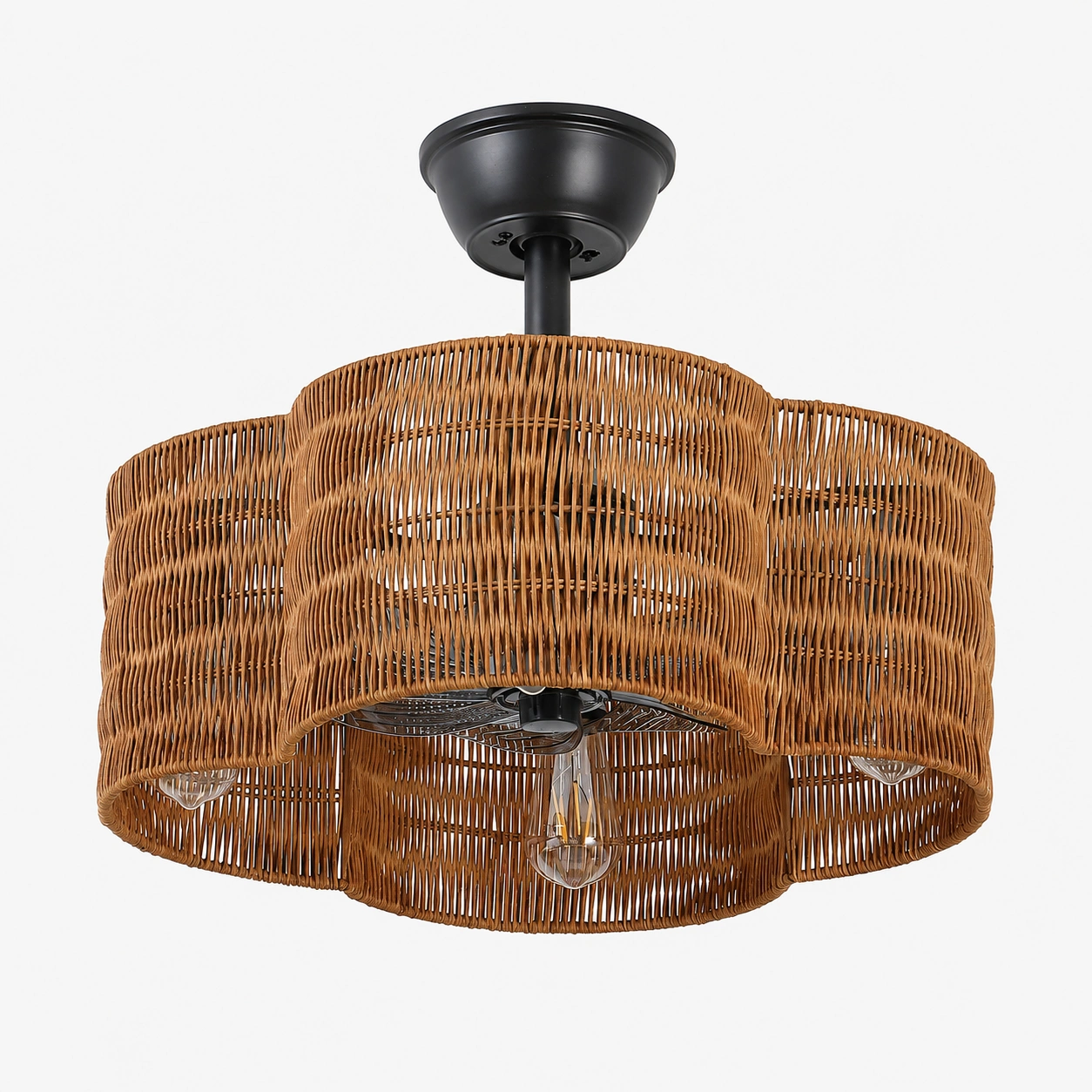 Brown scalloped woven fandelier ceiling fan with black metal frame and concealed blades