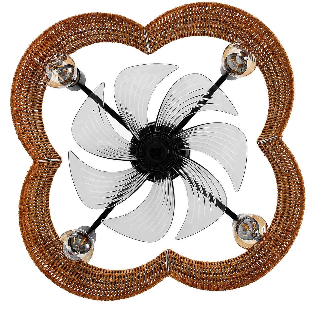 Bottom view of brown woven fandelier with transparent hidden fan blades and four lights