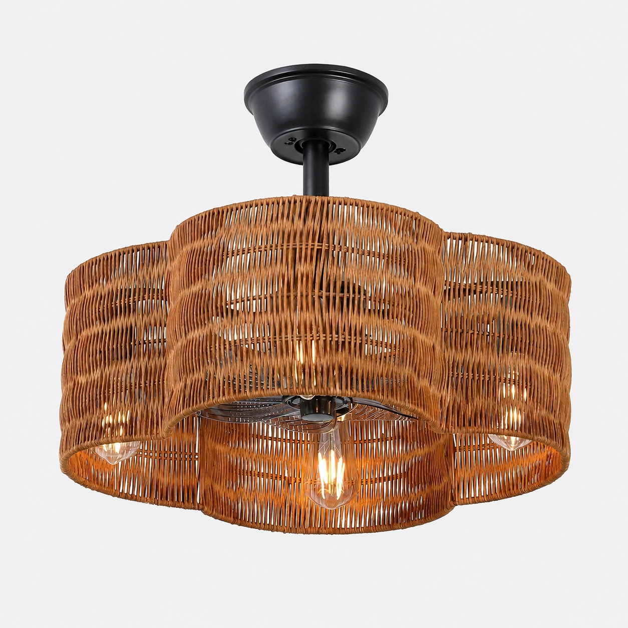 Brown scalloped woven fandelier ceiling fan with lights on and black metal finish