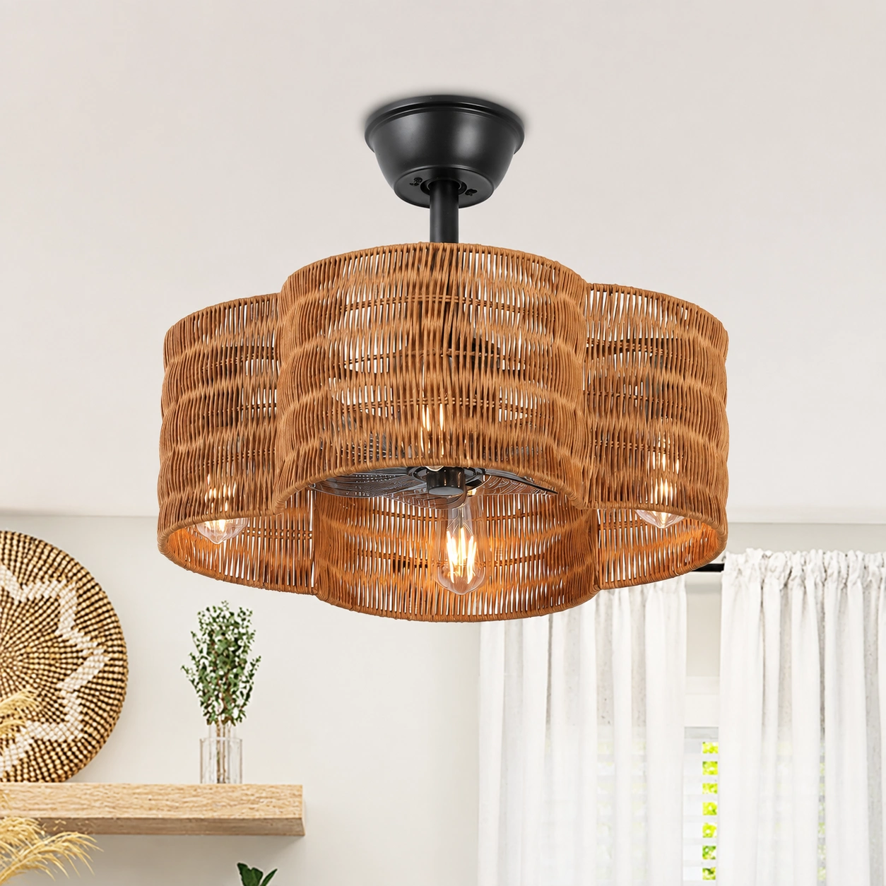 Brown woven fandelier ceiling fan installed in a warm boho interior