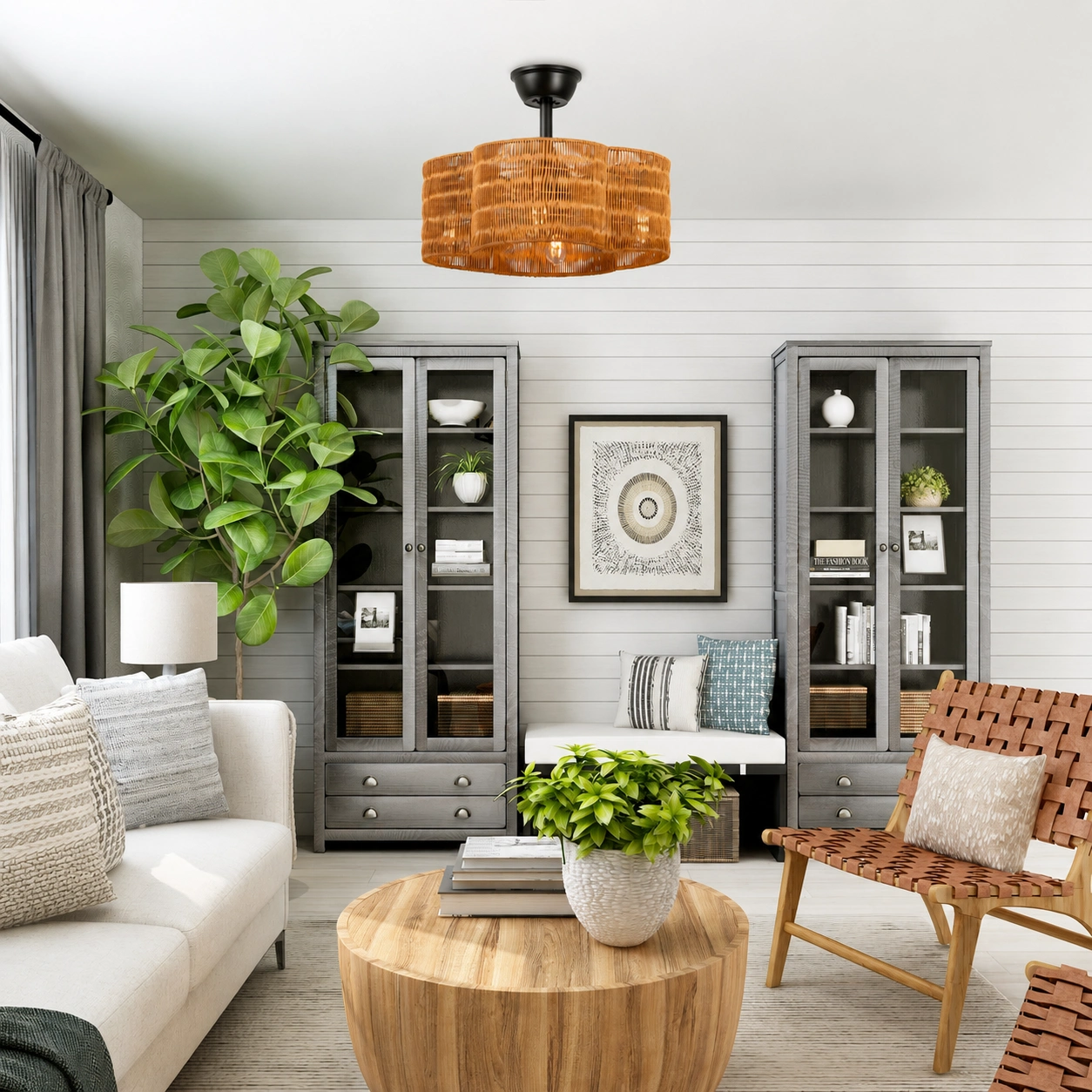 Brown woven fandelier ceiling fan in a bright modern farmhouse living room