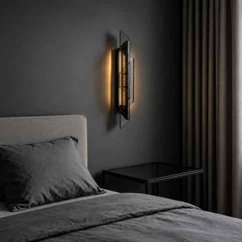 Geometric LED wall lamp featuring a smoked grey glass panel—a warm lighting fixture for the bedroom