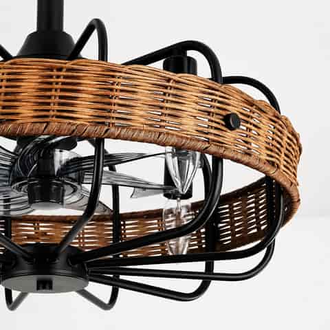 Close up of 4 light farmhouse rattan semi flush mount ceiling light with black metal frame