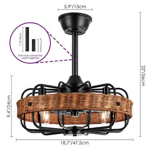 Size diagram of 18.7 inch rattan semi flush mount ceiling light with black canopy