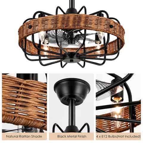 Detail of woven rattan shade and black metal cage ceiling light fixture