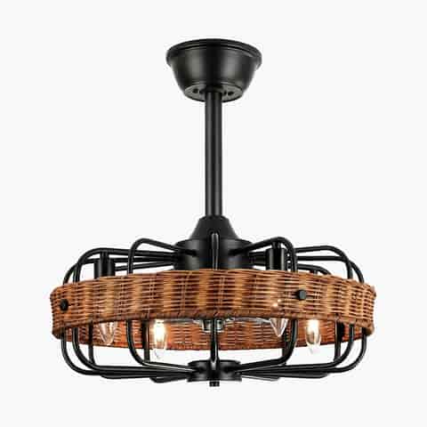 Front view of black metal and natural rattan semi flush mount ceiling light