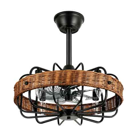 Angled view of farmhouse rattan ceiling light with candle style bulbs