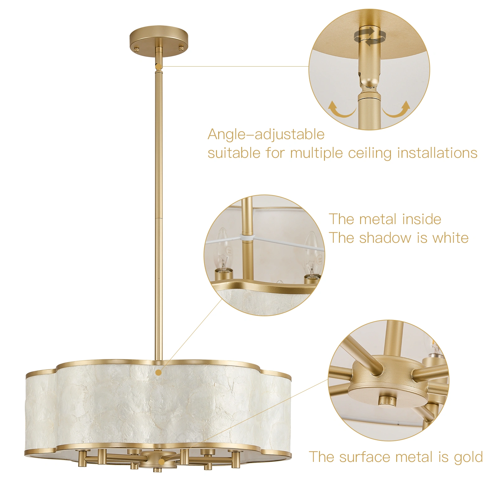 19.7" Gold Floral Capiz Shell chandelier, 6-Light Drum, For Coastal Dining Room Kitchen Islands.