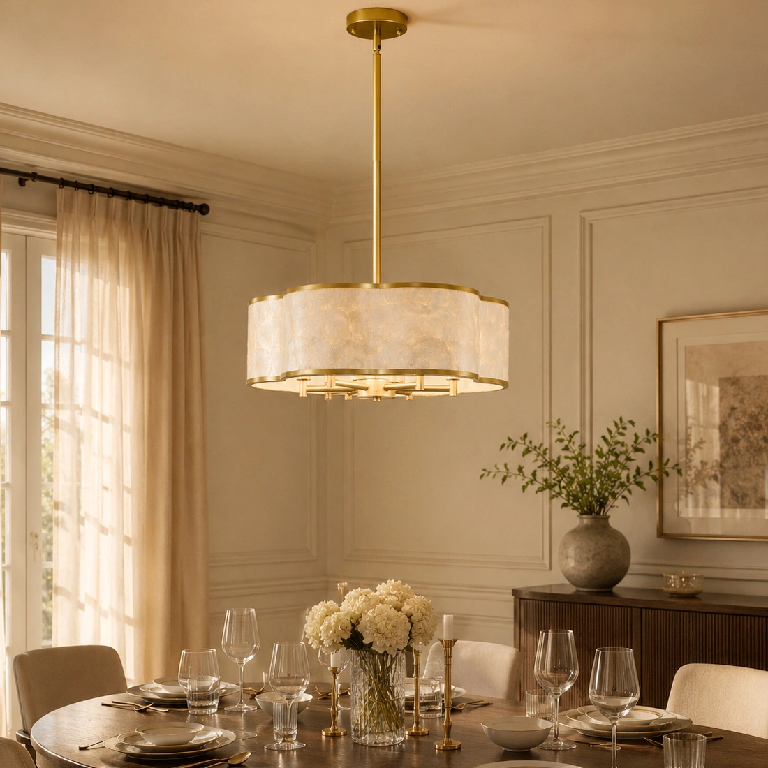 19.7" Gold Floral Capiz Shell chandelier, 6-Light Drum, For Coastal Dining Room Kitchen Islands.