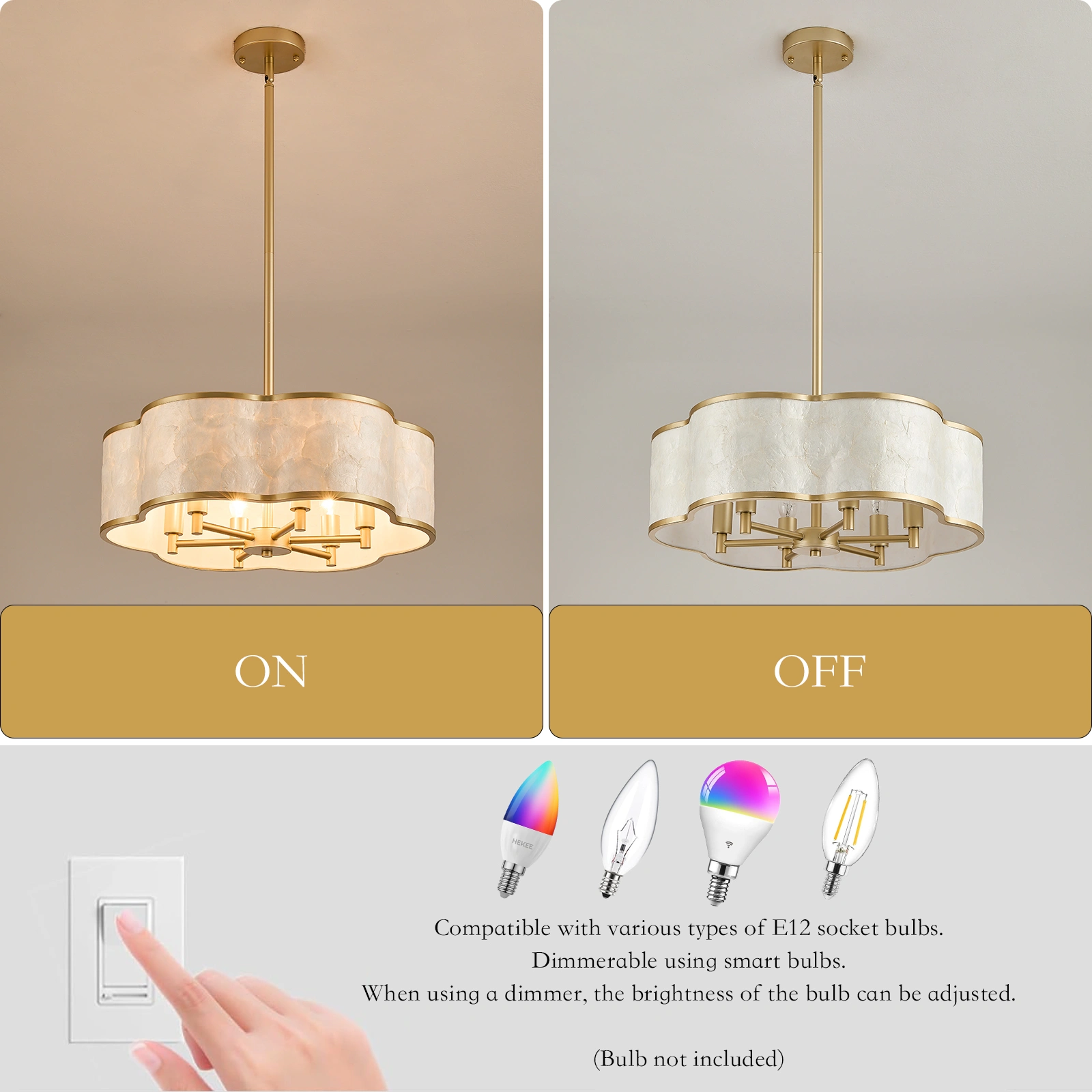 19.7" Gold Floral Capiz Shell chandelier, 6-Light Drum, For Coastal Dining Room Kitchen Islands.