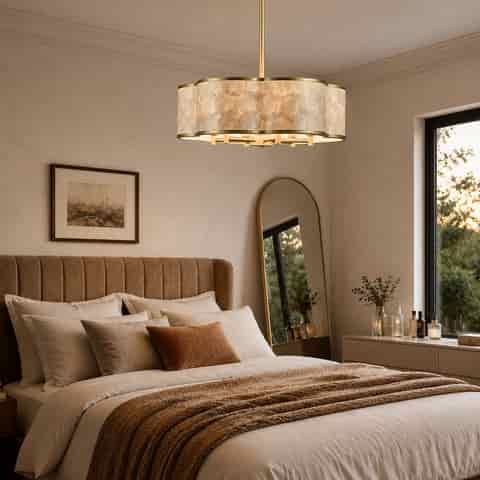 19.7" Gold Floral Capiz Shell chandelier, 6-Light Drum, For Coastal Dining Room Kitchen Islands.