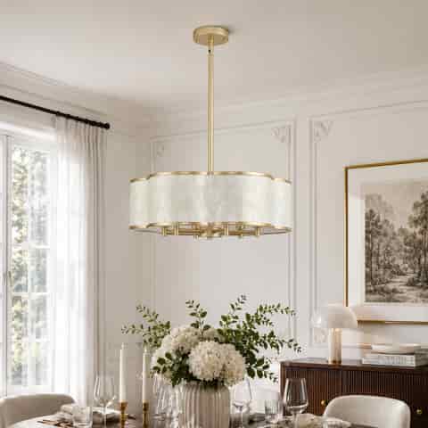 19.7" Gold Floral Capiz Shell chandelier, 6-Light Drum, For Coastal Dining Room Kitchen Islands.