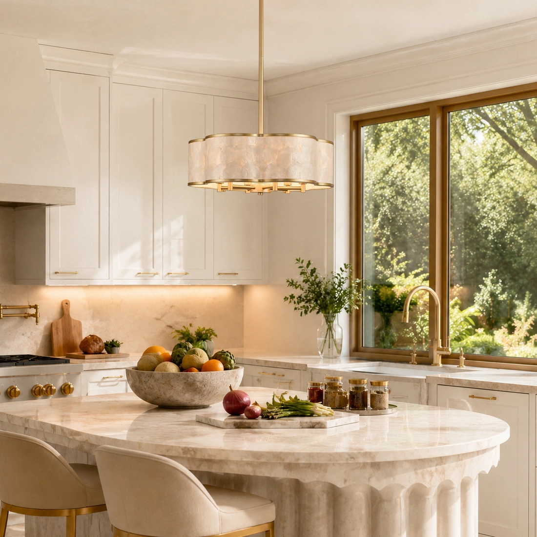 19.7" Gold Floral Capiz Shell chandelier, 6-Light Drum, For Coastal Dining Room Kitchen Islands.
