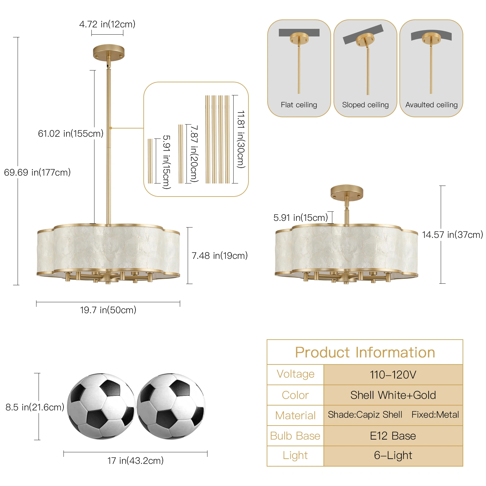 19.7" Gold Floral Capiz Shell chandelier, 6-Light Drum, For Coastal Dining Room Kitchen Islands.
